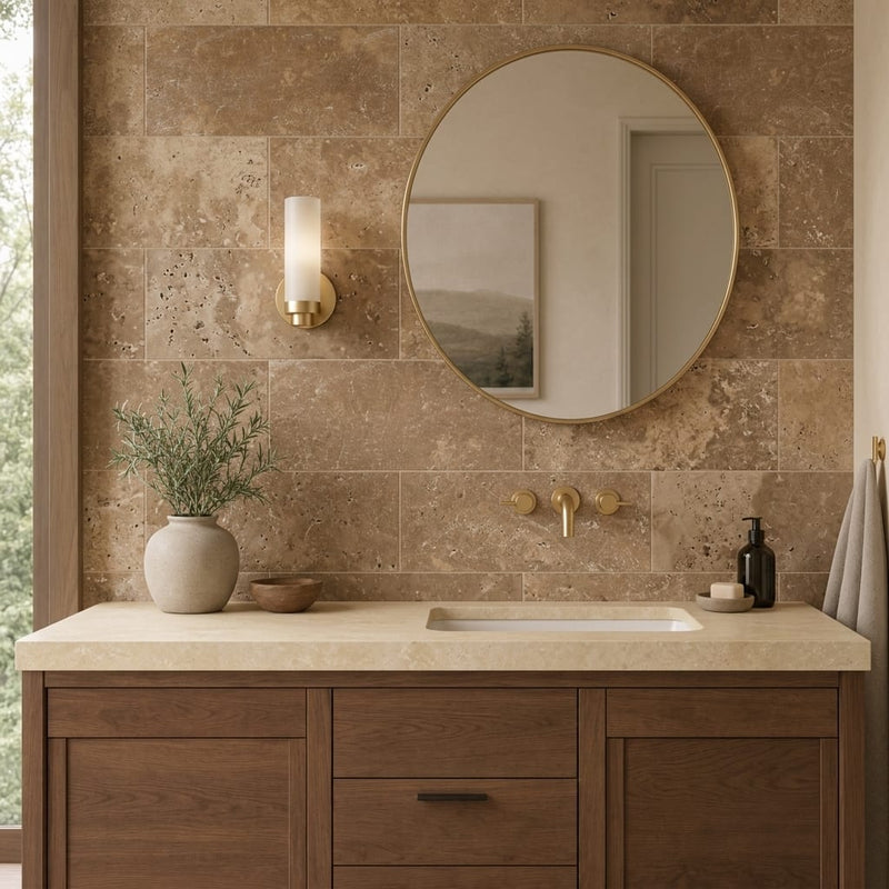 Noce Travertine Filled, Honed & Straight Edge 12 x 24 x 1/2 Cross Cut Tile 12x24 — Bathroom vanity wall
