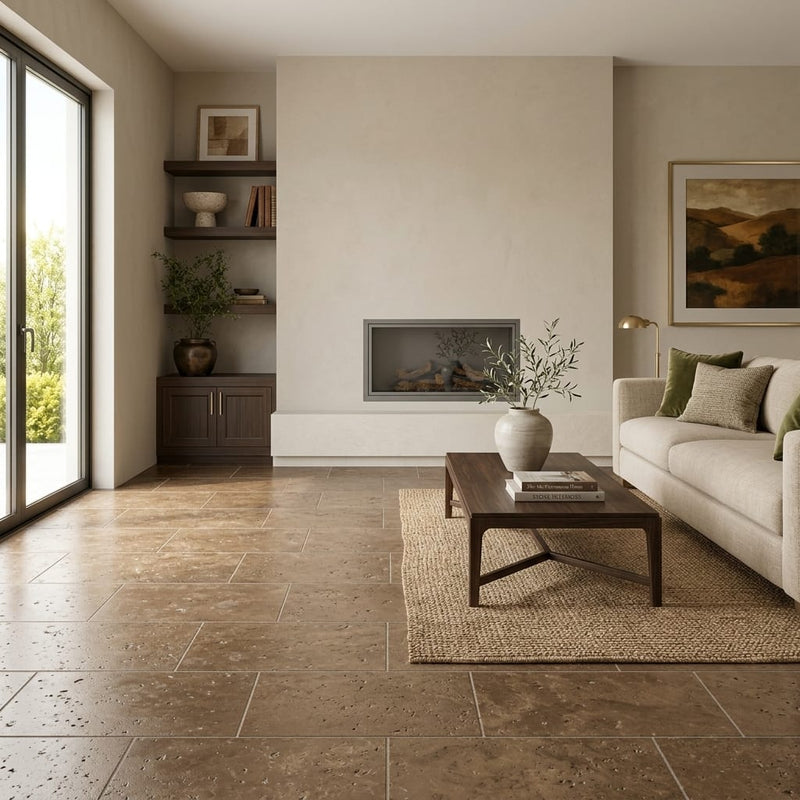 Noce Travertine Filled, Honed & Straight Edge 12 x 24 x 1/2 Cross Cut Tile 12x24 — Living Room floor