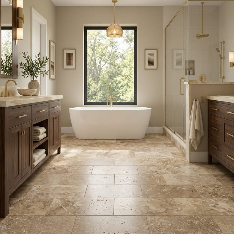 Noce Travertine Filled, Honed & Straight Edge 12 x 24 x 1/2 Cross Cut Tile 12x24 — Primary Bath floor