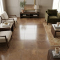 Noce Travertine Filled, Honed & Straight Edge 18 x 18 x 1/2 Cross Cut Tile 18x18 — Family Room floor