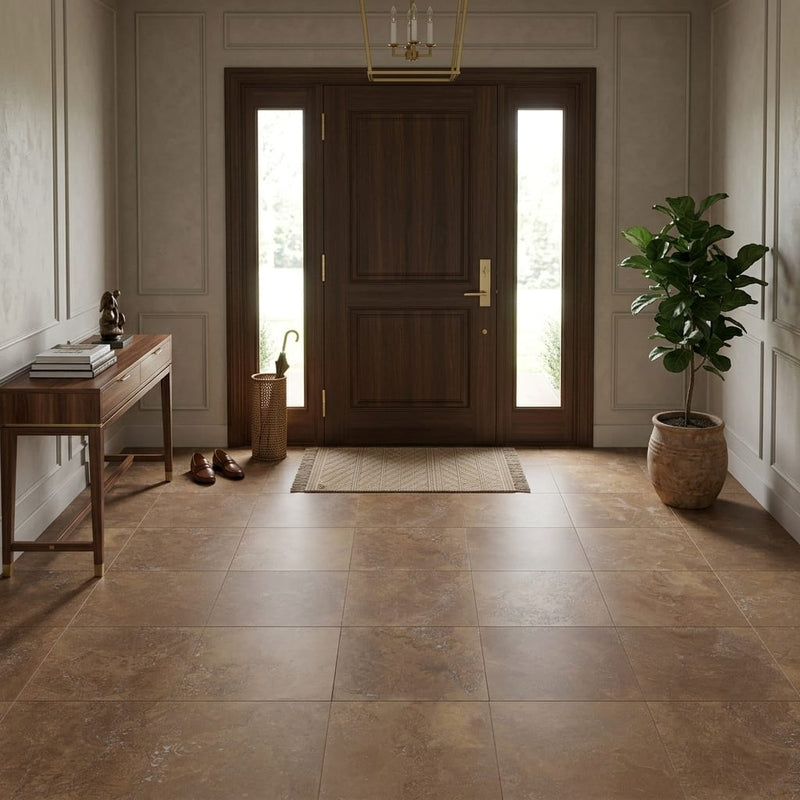 Noce Travertine Filled, Honed & Straight Edge 18 x 18 x 1/2 Cross Cut Tile 18x18 — Foyer floor