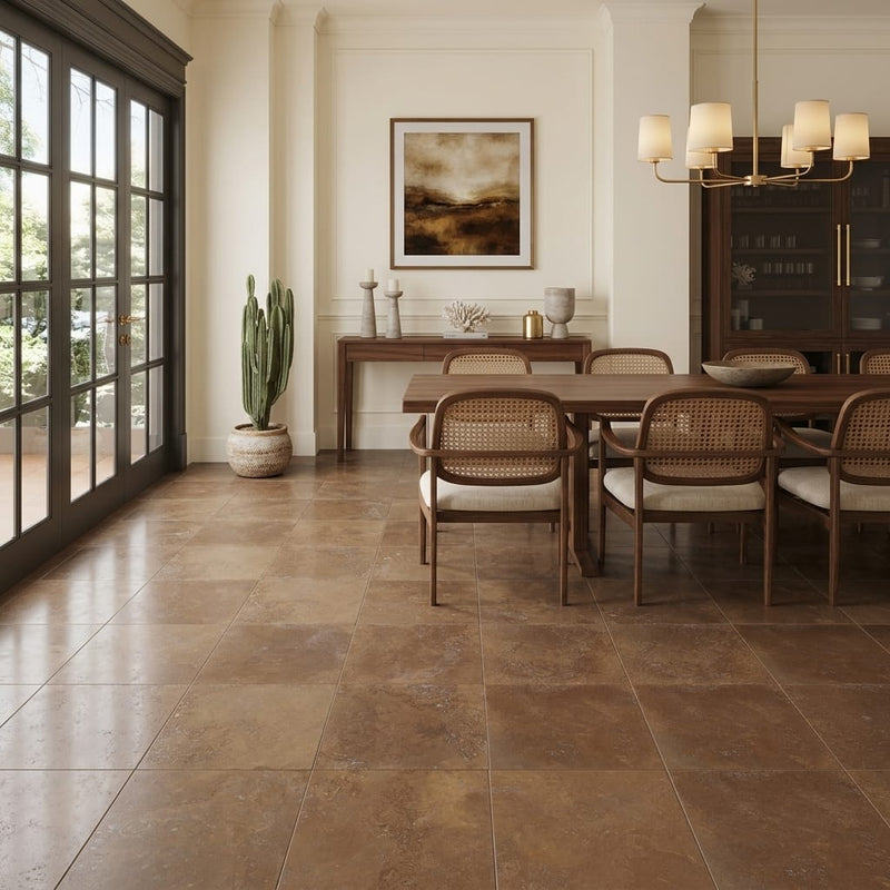 Noce Travertine Filled, Honed & Straight Edge 18 x 18 x 1/2 Cross Cut Tile 18x18 — Living Room floor