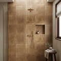 Noce Travertine Filled, Honed & Straight Edge 24 x 24 x 1/2 Cross Cut Tile 24x24 — Bathroom shower wall