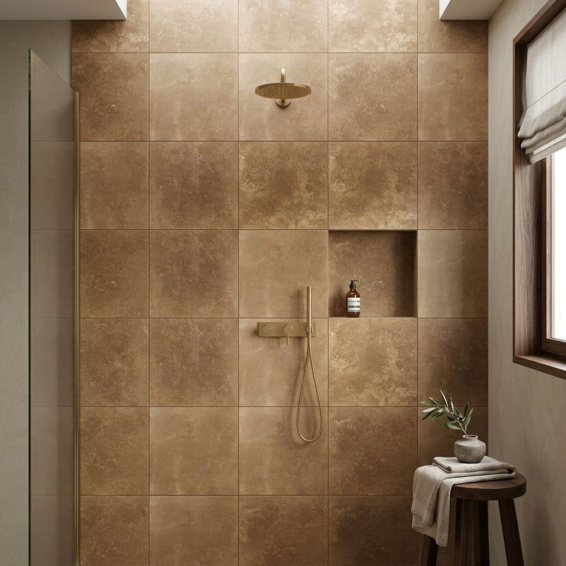 Noce Travertine Filled, Honed & Straight Edge 24 x 24 x 1/2 Cross Cut Tile 24x24 — Bathroom shower wall