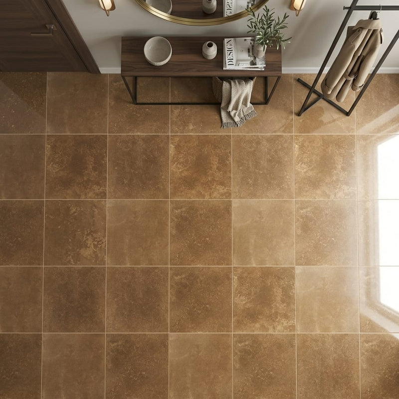 Noce Travertine Filled, Honed & Straight Edge 24 x 24 x 1/2 Cross Cut Tile 24x24 — Foyer floor