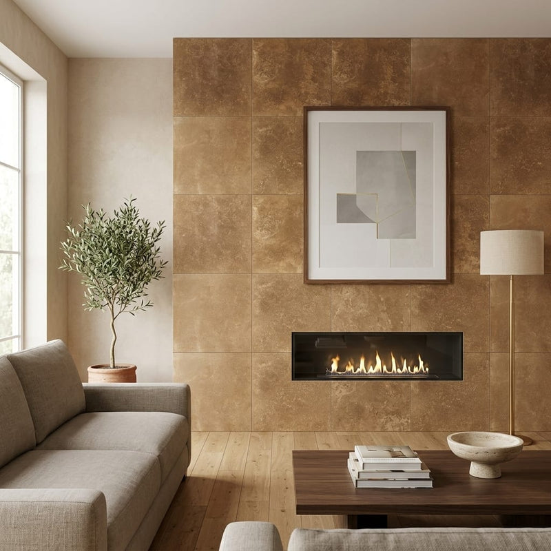 Noce Travertine Filled, Honed & Straight Edge 24 x 24 x 1/2 Cross Cut Tile 24x24 — Living Room feature wall
