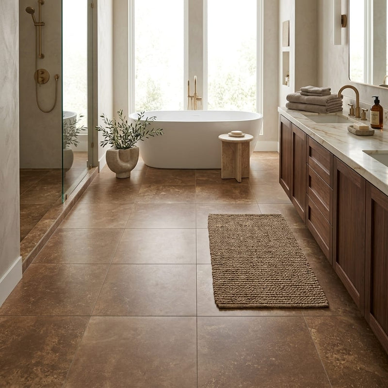 Noce Travertine Filled, Honed & Straight Edge 24 x 24 x 1/2 Cross Cut Tile 24x24 — Primary Bath floor
