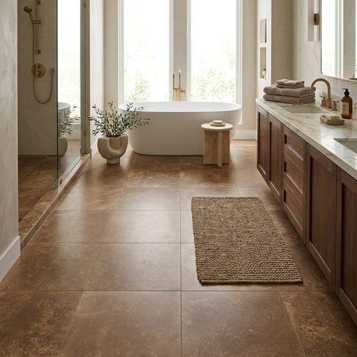 Noce Travertine Filled, Honed & Straight Edge 24 x 24 x 1/2 Cross Cut Tile 24x24 — Primary Bath floor
