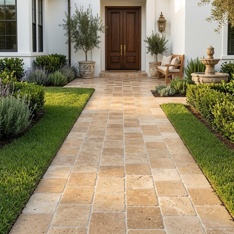 Noce Travertine Paver 12x12 Tumbled 1.25 inch — Front Yard walkway