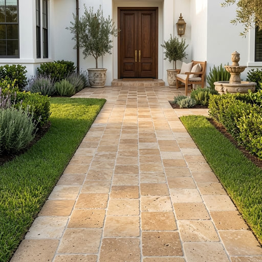 Noce Travertine Paver 12x12 Tumbled 1.25 inch — Front Yard walkway
