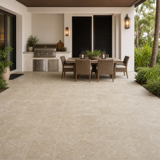 Noce Travertine Paver 12x12 Tumbled 2 inch — Backyard patio