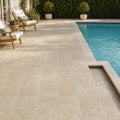 Noce Travertine Paver 12x12 Tumbled 2 inch — Backyard pool deck