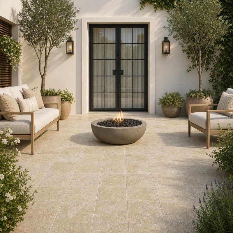 Noce Travertine Paver 12x12 Tumbled 2 inch — Courtyard paving