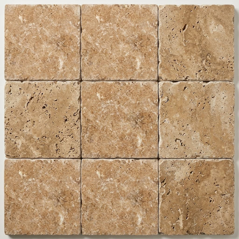 Noce Travertine Paver 12x12 Unfilled Chiseled 1.25 inch close-up