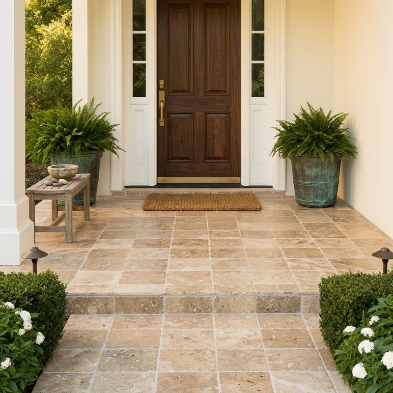 Noce Travertine Paver 12x12 Unfilled Chiseled 1.25 inch — Front Yard front porch