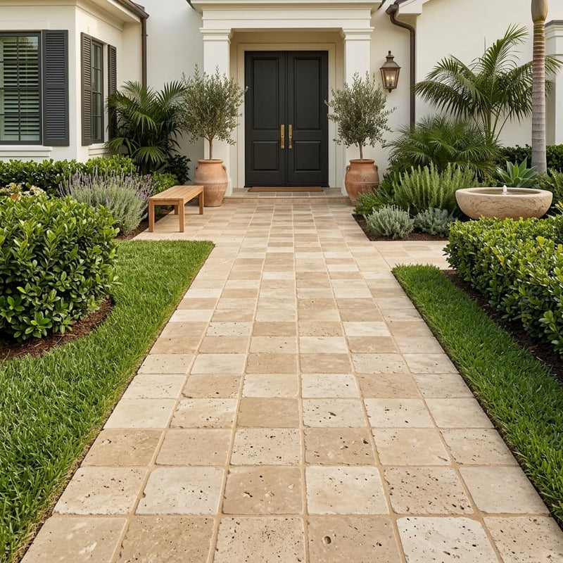 Noce Travertine Paver 12x12 Unfilled Chiseled 1.25 inch — Front Yard walkway