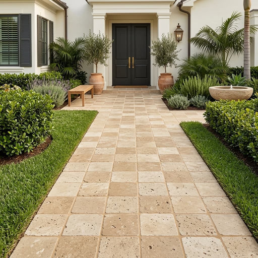 Noce Travertine Paver 12x12 Unfilled Chiseled 1.25 inch — Front Yard walkway