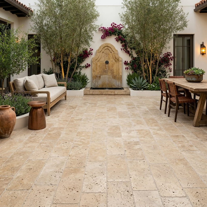 Noce Travertine Paver 12x24 Tumbled 1.25 inch — Courtyard paving