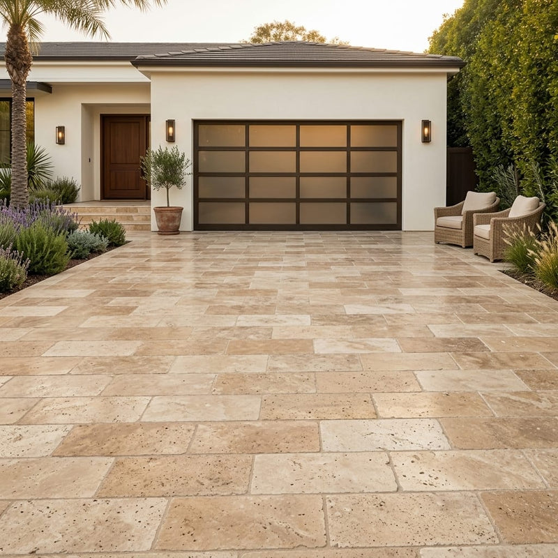 Noce Travertine Paver 12x24 Tumbled 1.25 inch — Front Yard driveway