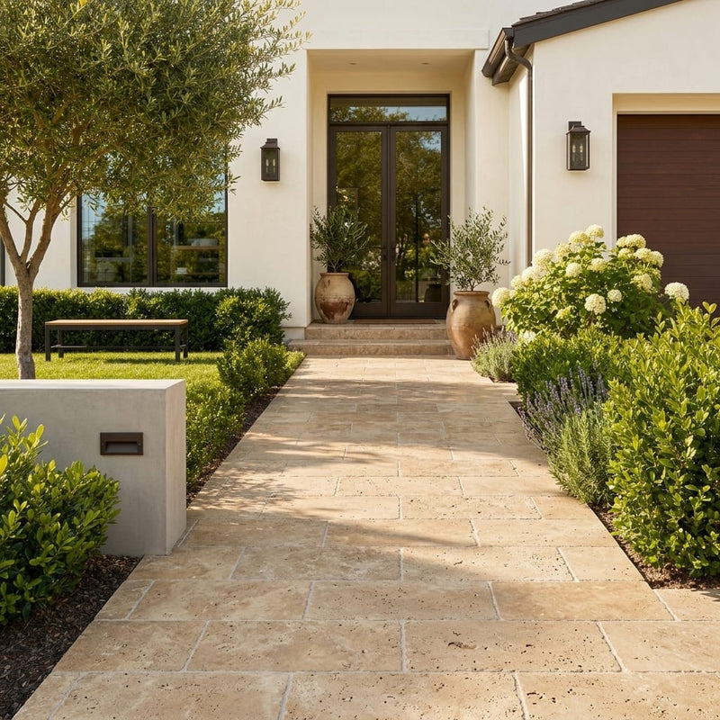 Noce Travertine Paver 12x24 Tumbled 1.25 inch — Front Yard walkway