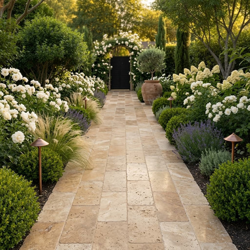 Noce Travertine Paver 12x24 Tumbled 1.25 inch — Garden path