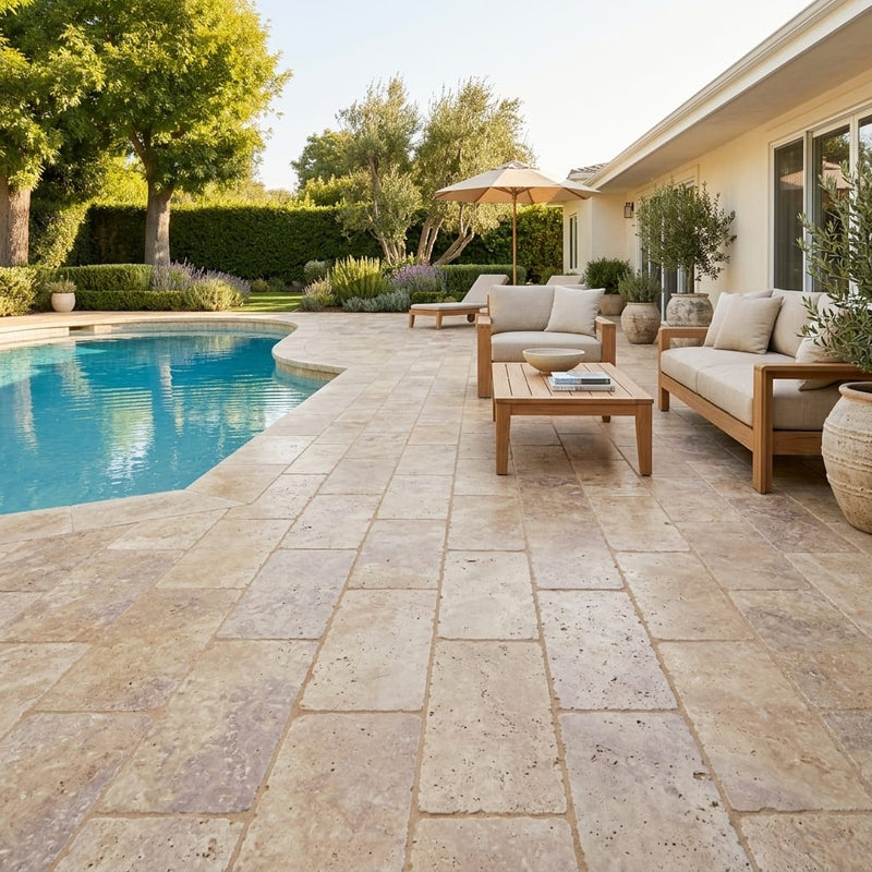 Noce Travertine Paver 12x24 Tumbled 2 inch — Backyard pool deck