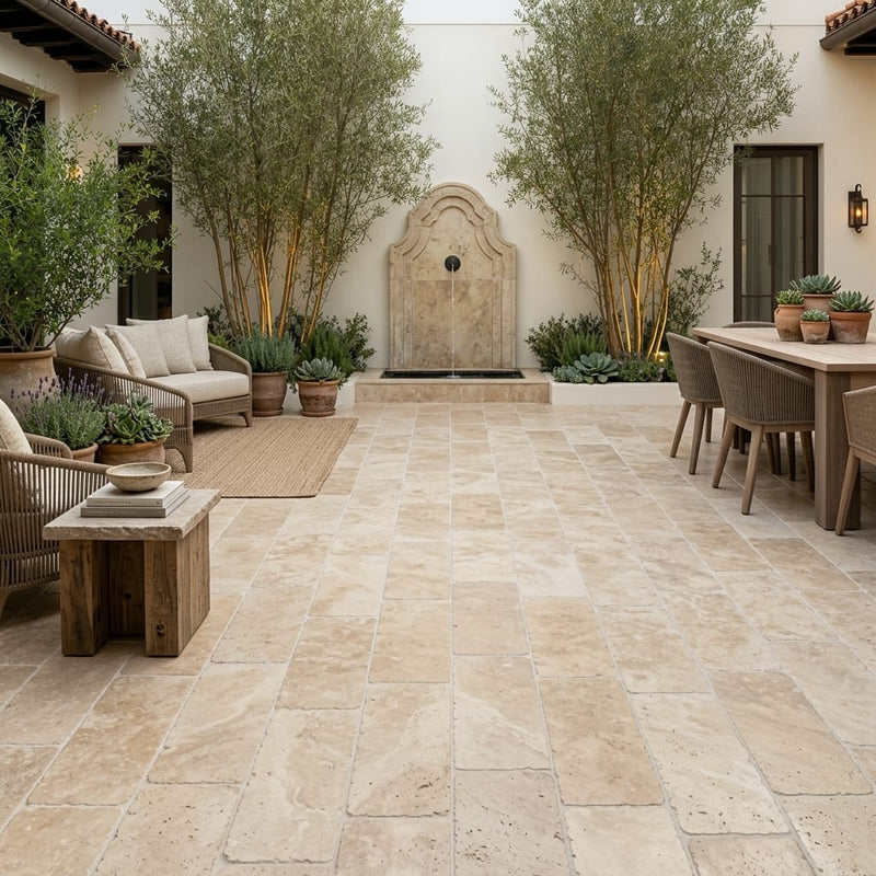 Noce Travertine Paver 12x24 Tumbled 2 inch — Courtyard paving