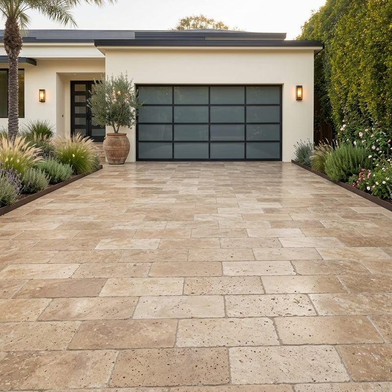 Noce Travertine Paver 12x24 Tumbled 2 inch — Front Yard driveway