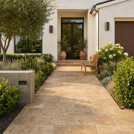 Noce Travertine Paver 12x24 Tumbled 2 inch — Front Yard walkway