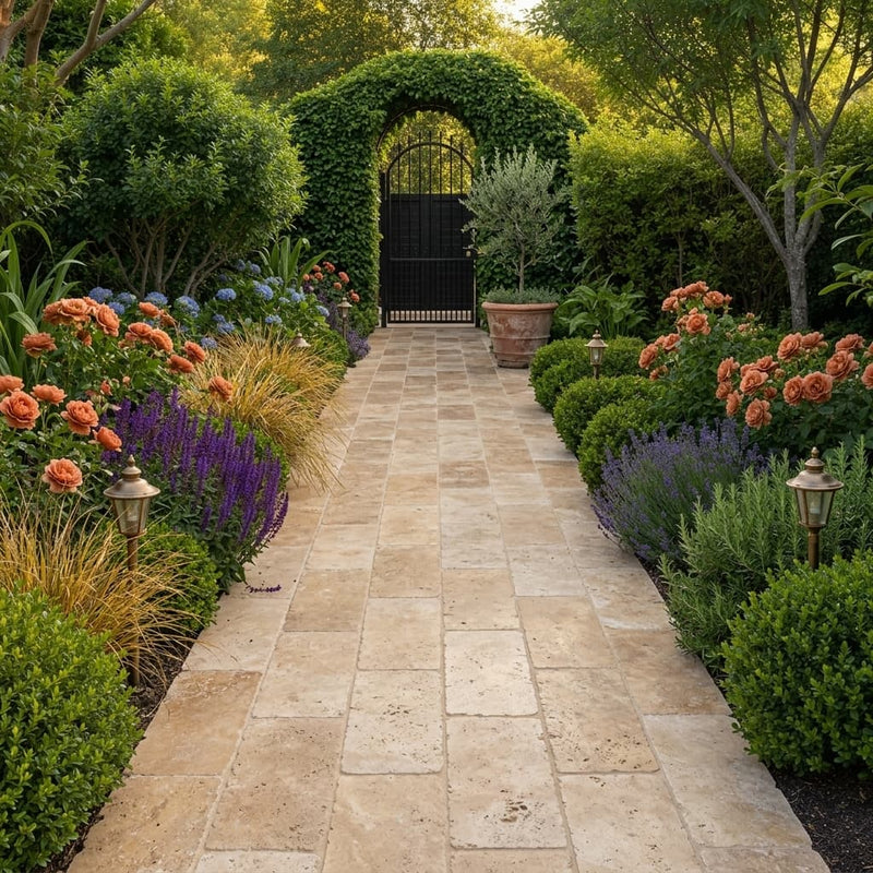 Noce Travertine Paver 12x24 Tumbled 2 inch — Garden path