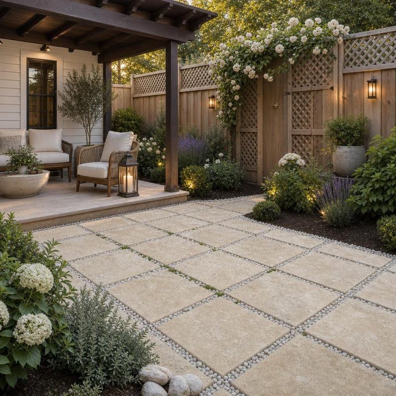 Noce Travertine Paver 16x16 Tumbled 1.25 inch — Backyard patio