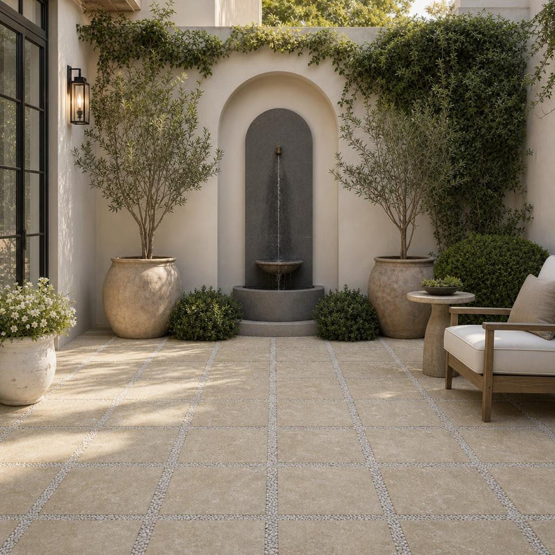 Noce Travertine Paver 16x16 Tumbled 1.25 inch — Courtyard paving