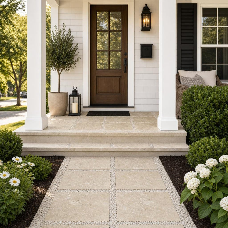 Noce Travertine Paver 16x16 Tumbled 1.25 inch — Front Yard front porch