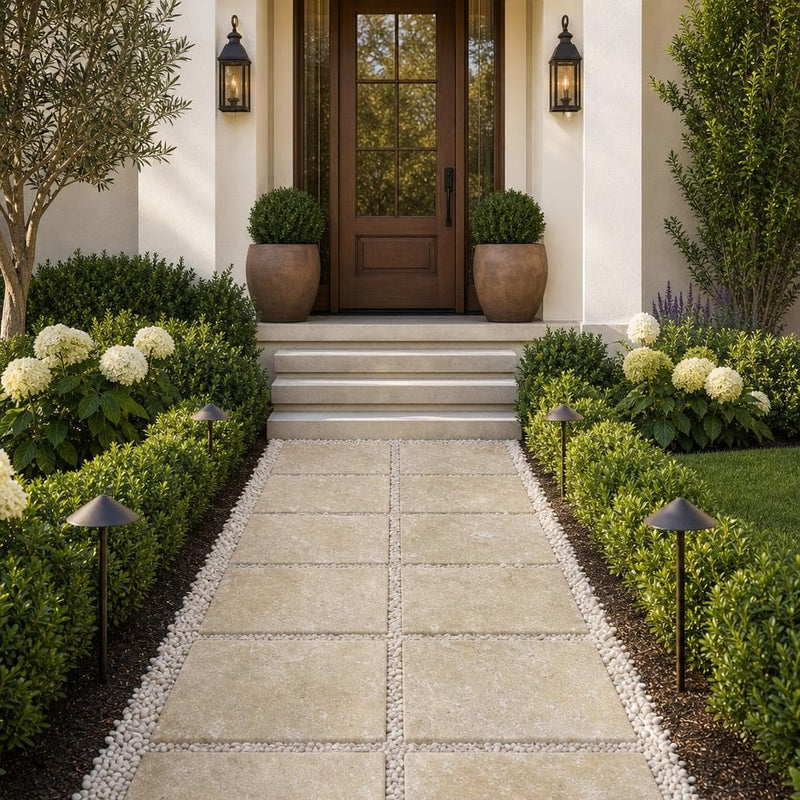Noce Travertine Paver 16x16 Tumbled 1.25 inch — Front Yard walkway