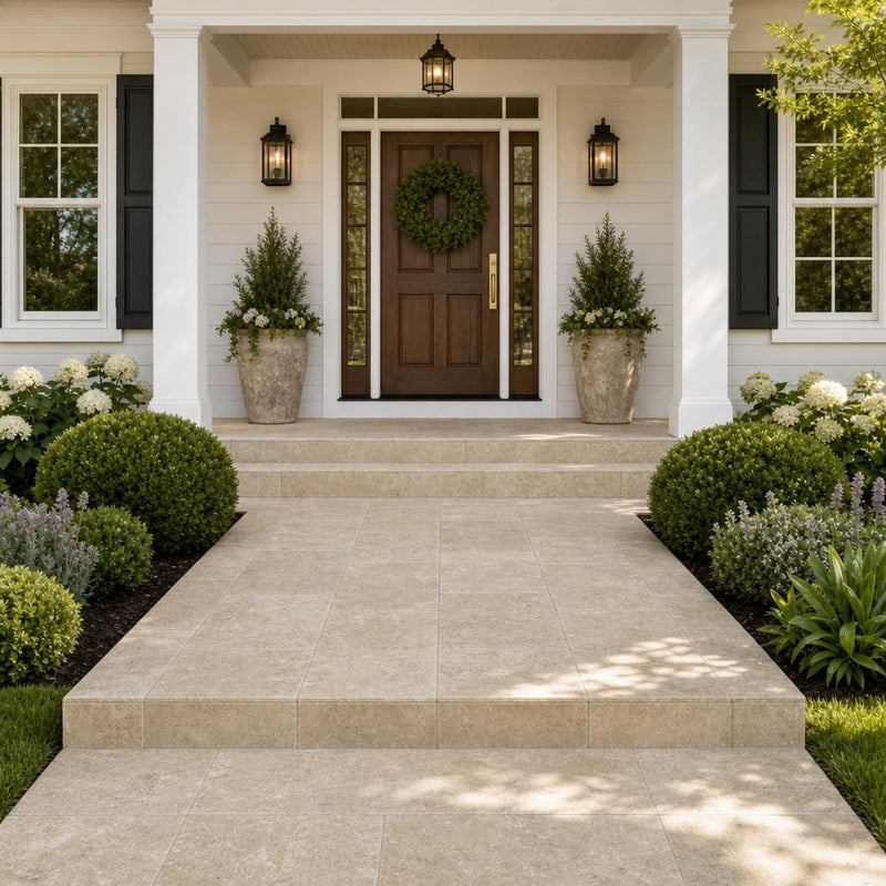 Noce Travertine Paver 16x24 Tumbled 1.25 inch — Front Yard front porch