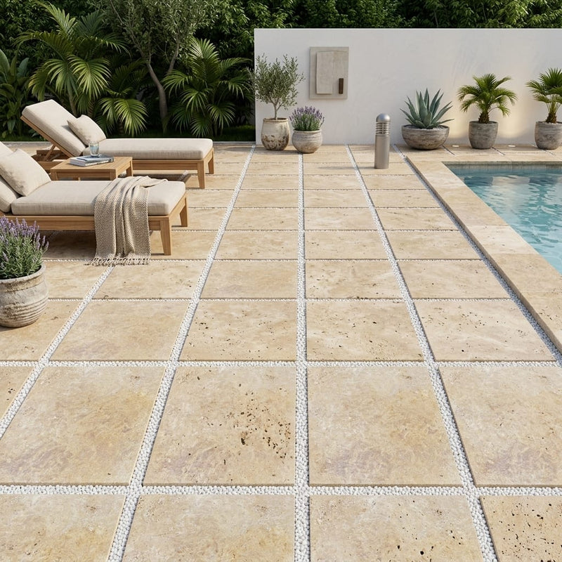 Noce Travertine Paver 24x24 Tumbled 1.25 inch — Backyard pool deck