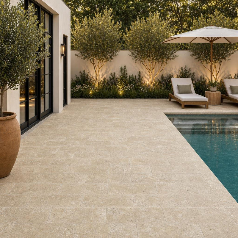 Noce Travertine Paver 6x12 Tumbled 1.25 inch — Backyard pool deck