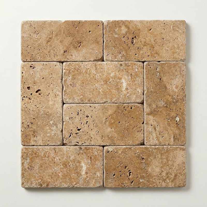 Noce Travertine Paver 6x12 Tumbled 1.25 inch close-up
