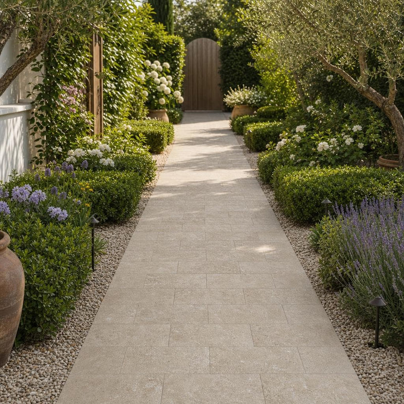 Noce Travertine Paver 6x12 Tumbled 1.25 inch — Garden path