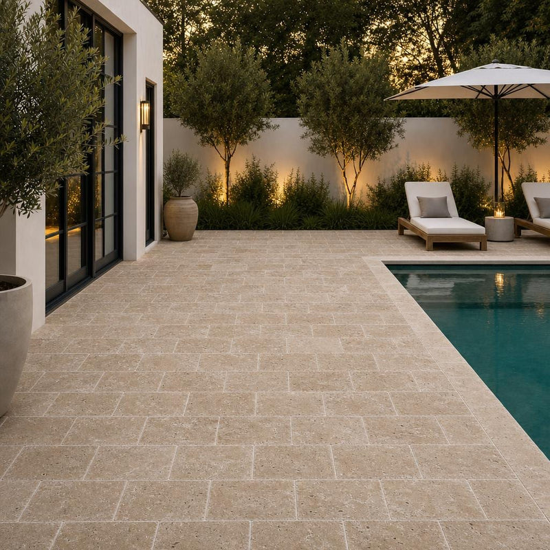 Noce Travertine Paver - Unfilled Chiseled 6x12 in 1.25 in — Backyard pool deck