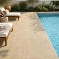 Noce Travertine Paver 6x6 Tumbled 1.25 inch — Backyard pool deck