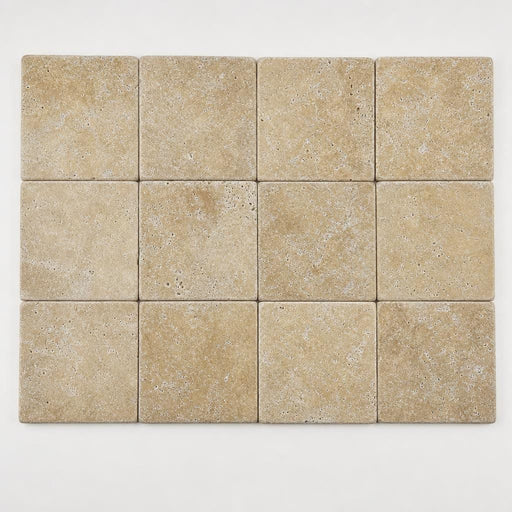 Noce Travertine Paver 6x6 Tumbled 1.25 inch close-up