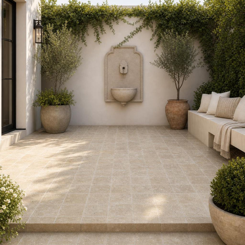 Noce Travertine Paver 6x6 Tumbled 1.25 inch — Courtyard paving