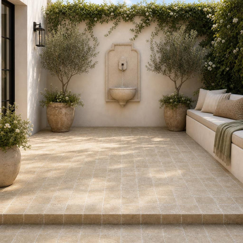 Noce Travertine Paver - Unfilled Chiseled - 6x6 in — Courtyard paving