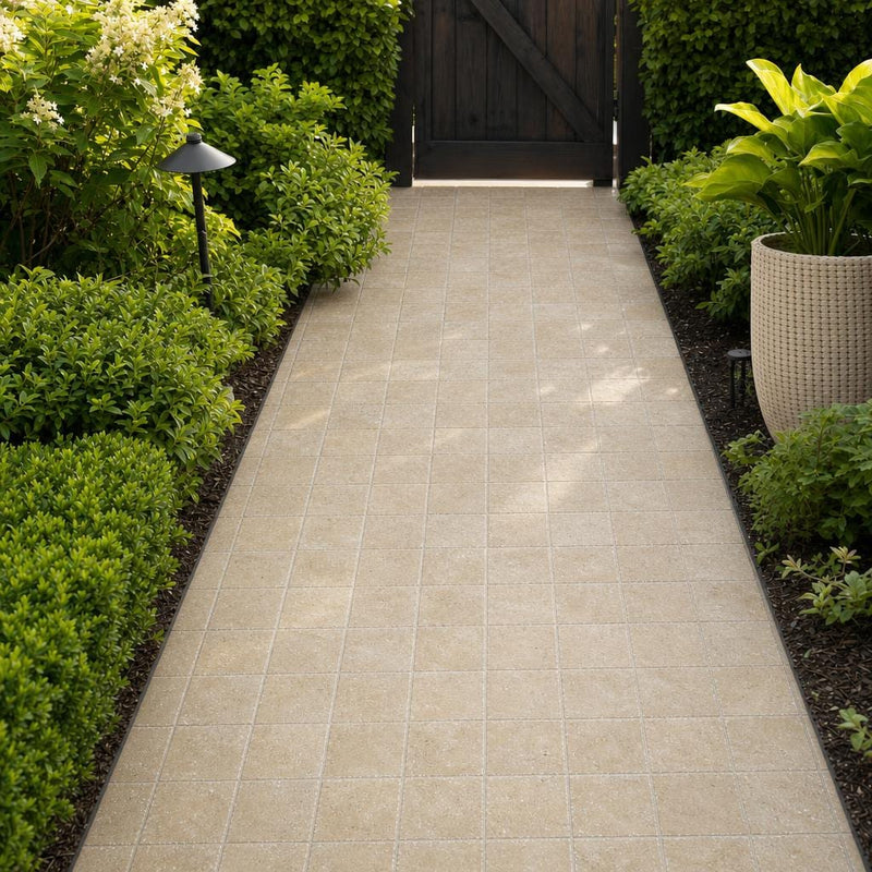 Noce Travertine Paver - Unfilled Chiseled - 6x6 in — Garden path