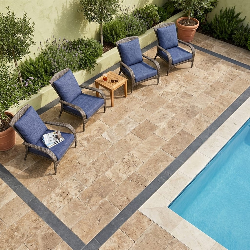 Noce Travertine Paver 8x16 Tumbled 1.25 inch — Backyard pool deck