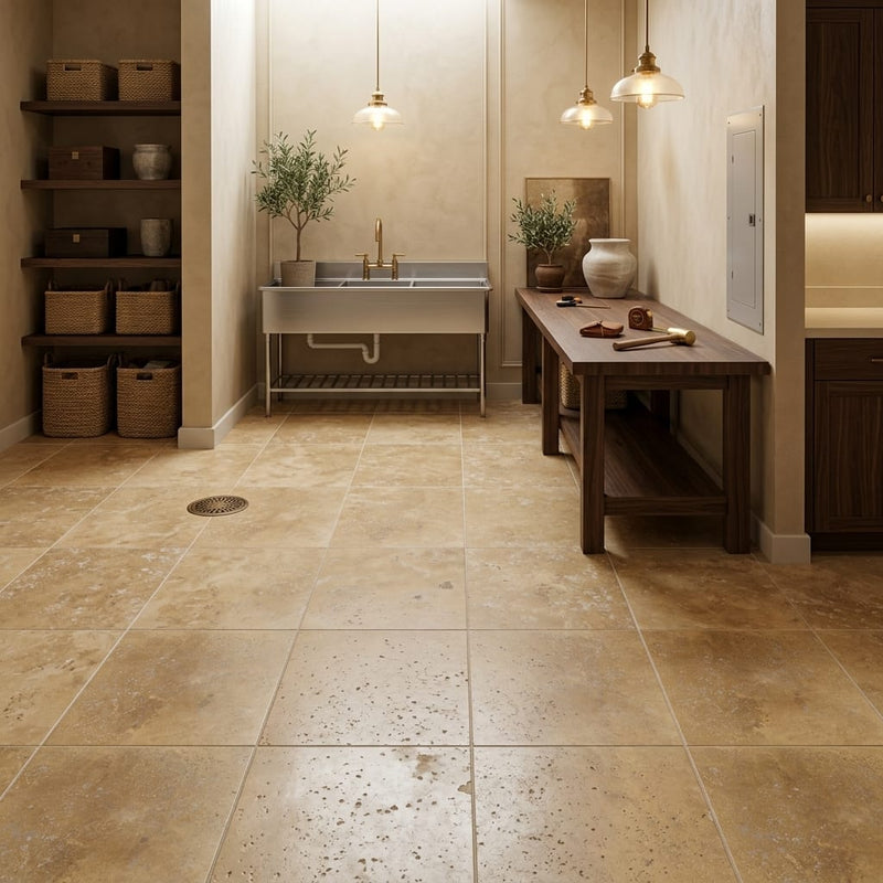 Noce Travertine Tile 12x12 Filled, Honed — Basement floor