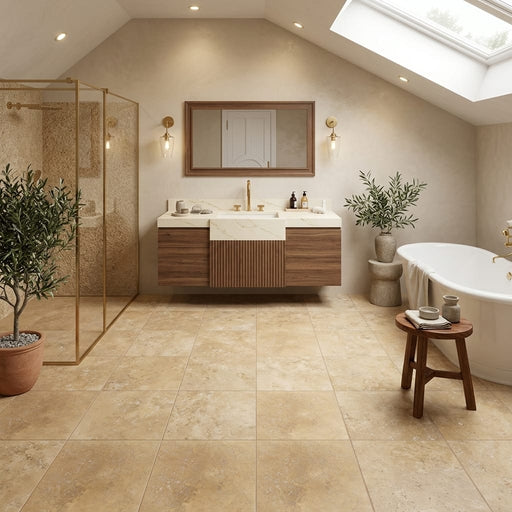 Noce Travertine Tile 12x12 Filled, Honed — Bathroom floor