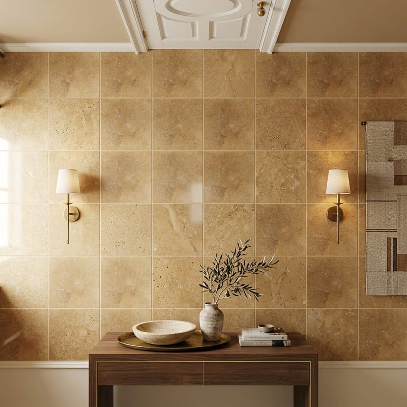 Noce Travertine Tile 12x12 Filled, Honed — Hallway floor