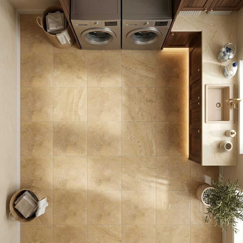 Noce Travertine Tile 12x12 Filled, Honed — Laundry Room floor
